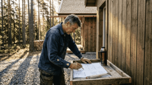 En person går igenom byggplanerna vid det nya trähuset.