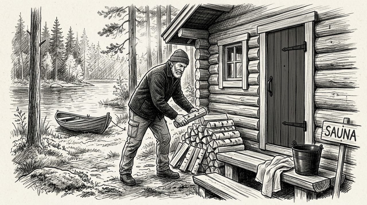 Mies latoo polttopuita rantasaunan vieressä.