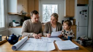 Eine finnische Familie nimmt gemeinsam die Unterlagen für ihren Hauskredit unter die Lupe.