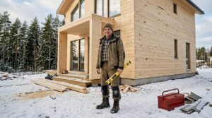 En finsk håndverker står utenfor en nybygd trebolig