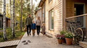 En familj samlad utanför sitt miljövänliga trähus någonstans i Finland.