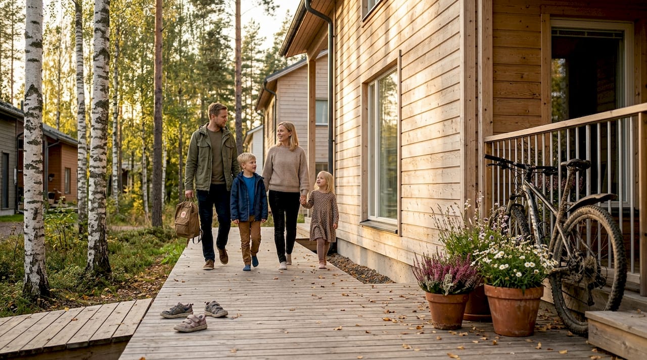 En familj samlad utanför sitt miljövänliga trähus någonstans i Finland.