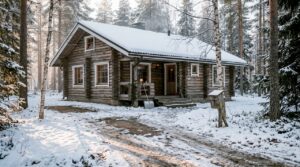 Log house in snowy Finnish rural landscape