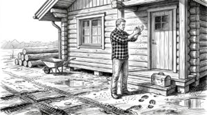 Puuseppä perinteisen suomalaisen hirsitalon edustalla