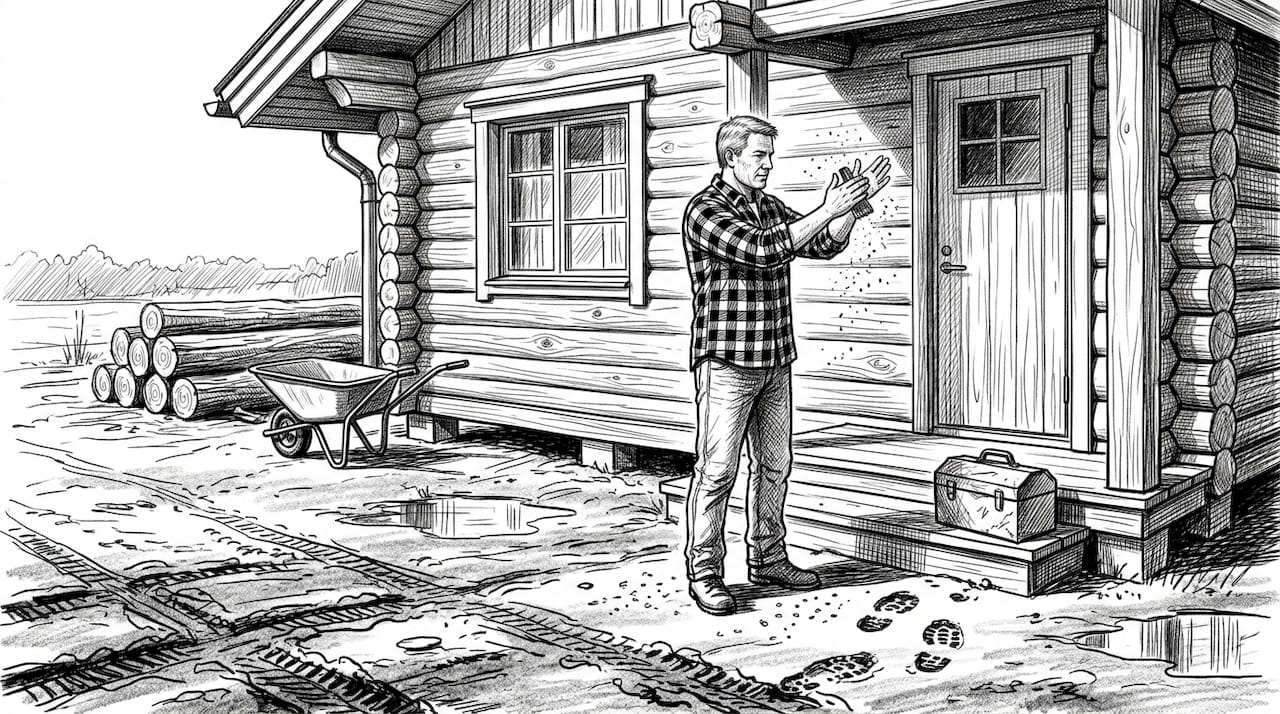 Puuseppä perinteisen suomalaisen hirsitalon edustalla