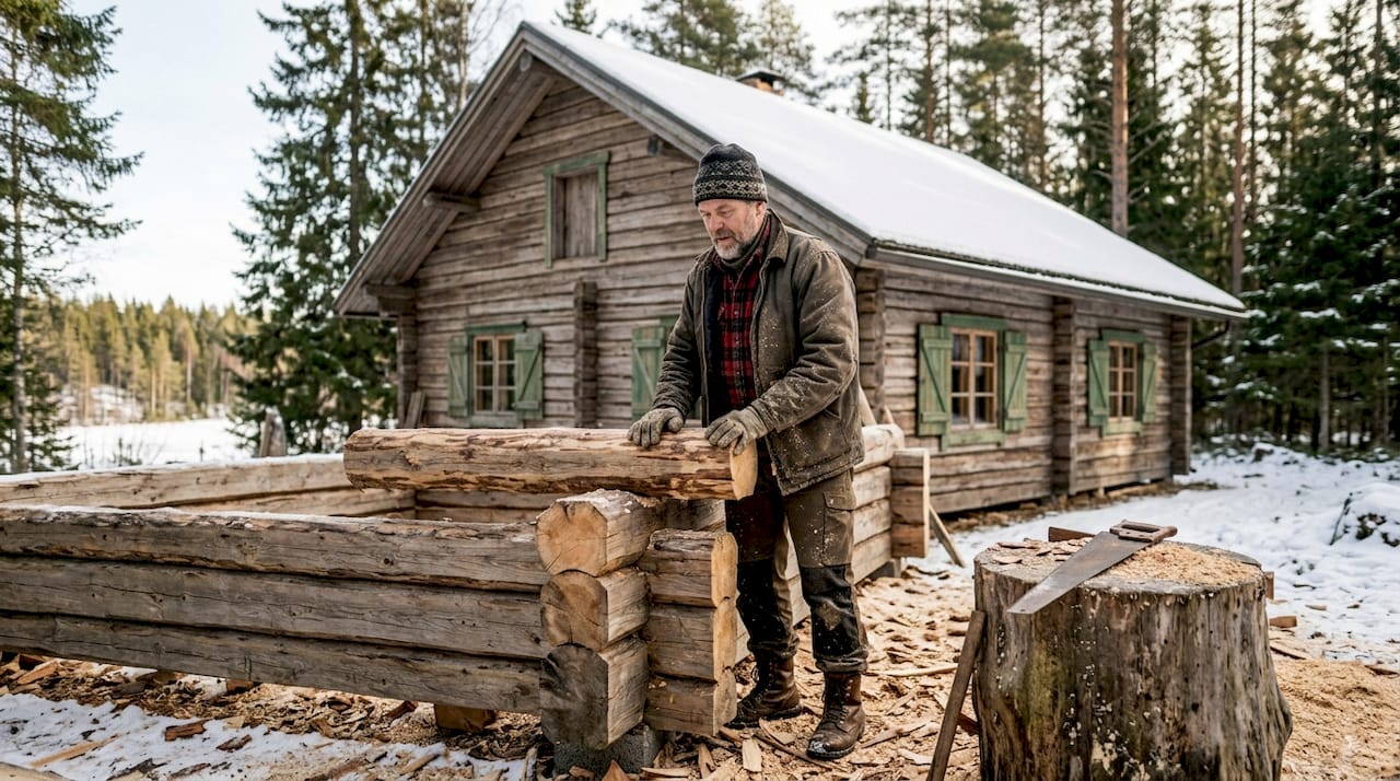 Finnish carpenter beside snowy log home