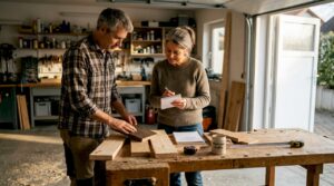 Ein Paar informiert sich gemeinsam über verschiedene Holzarten für ihre neue Sauna.