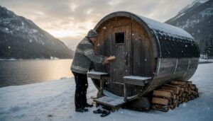En person gjør klar en vedfyrt badstue ved et islagt vann en vinterdag.