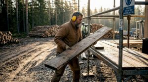 På en solig byggplats lastar byggarbetare trävirke och förbereder för dagens arbete.