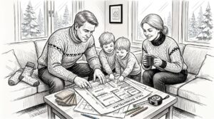 Suomalainen perhe tutkii yhdessä hirsitalon pohjapiirroksia