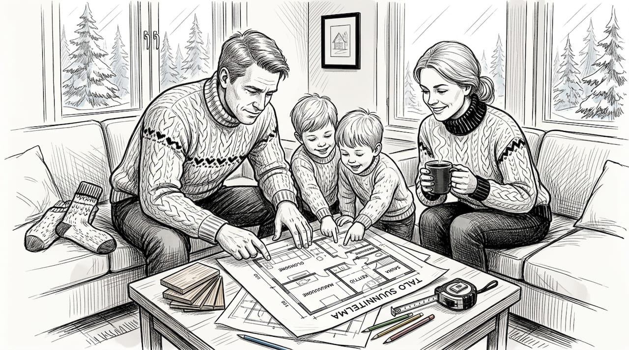 Suomalainen perhe tutkii yhdessä hirsitalon pohjapiirroksia