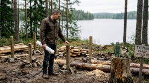 En byggeleder inspiserer grunnmuren til en hytte ved en finsk innsjø.