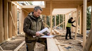 Der Bauleiter begutachtet auf der Baustelle die Konstruktion des Holzrahmenbaus und überprüft, ob alles fachgerecht ausgeführt wurde.