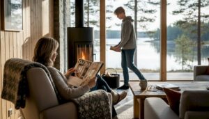 Familjen njuter av lugnet tillsammans i stugan