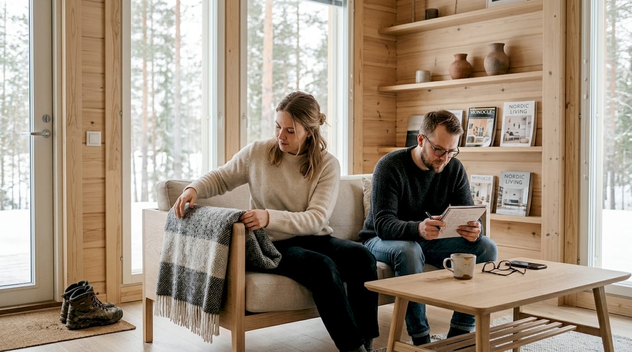 Couple in airy custom Finnish timber home
