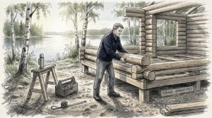 Hirsitalon rakentaja työn touhussa ulkona suomalaisessa maisemassa