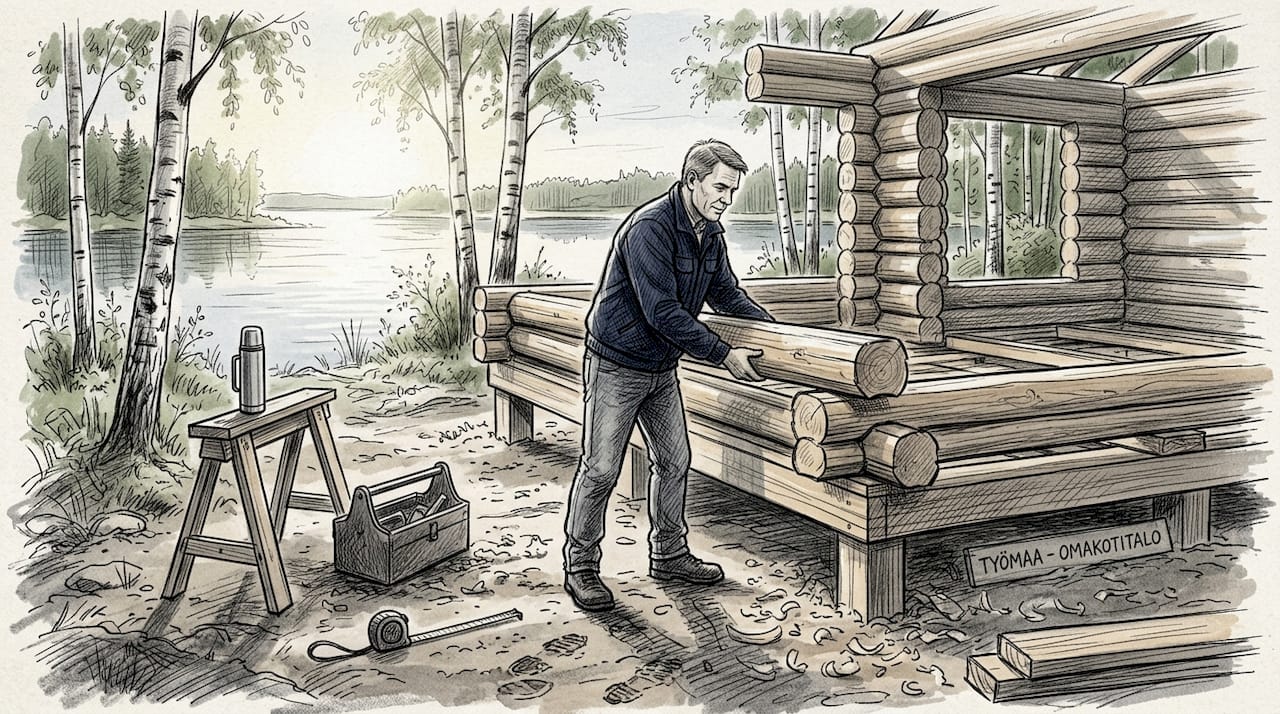 Hirsitalon rakentaja työn touhussa ulkona suomalaisessa maisemassa