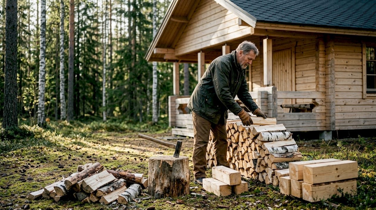 Ein finnisches Blockhaus steht am Waldrand, während ein Mann Holz aufschichtet.