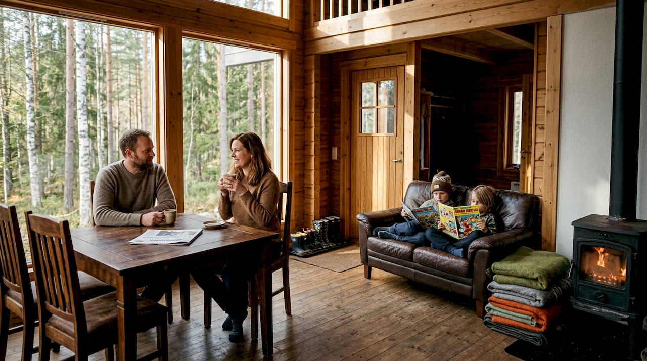 En familie nyter roen sammen foran peisen i en lun og koselig tømmerstue.