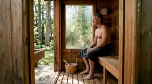 Man relaxing in outdoor cedar sauna