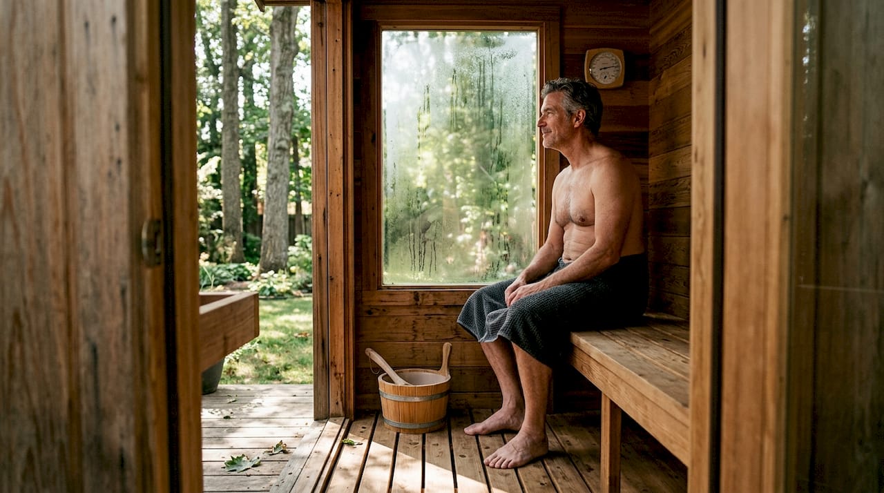 Man relaxing in outdoor cedar sauna