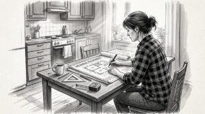 Arkkitehti suunnittelee hirsitalon keittiöön toimivaa työskentelytilaa.