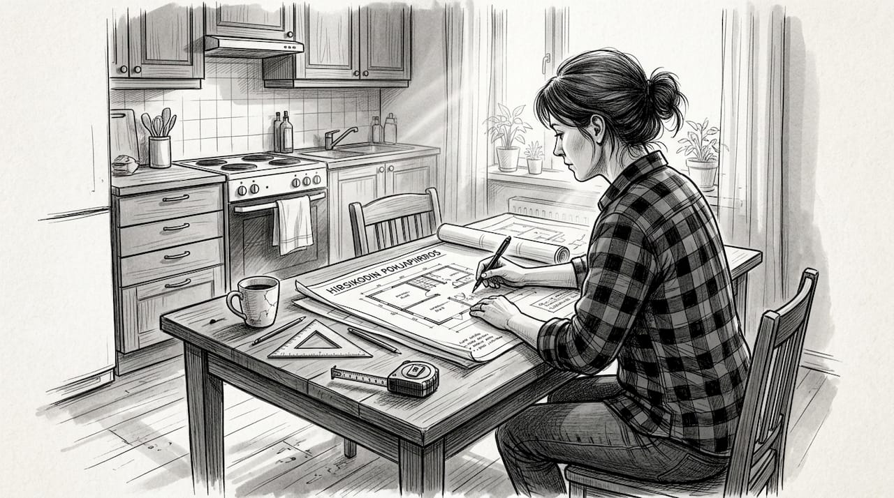 Arkkitehti suunnittelee hirsitalon keittiöön toimivaa työskentelytilaa.