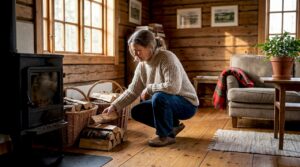 En person staplar ved framför den öppna spisen i ett ljust vardagsrum med timmerväggar.