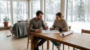 Ein Paar genießt das Leben in einem lichtdurchfluteten, skandinavischen Holzhaus mit offenem Grundriss.