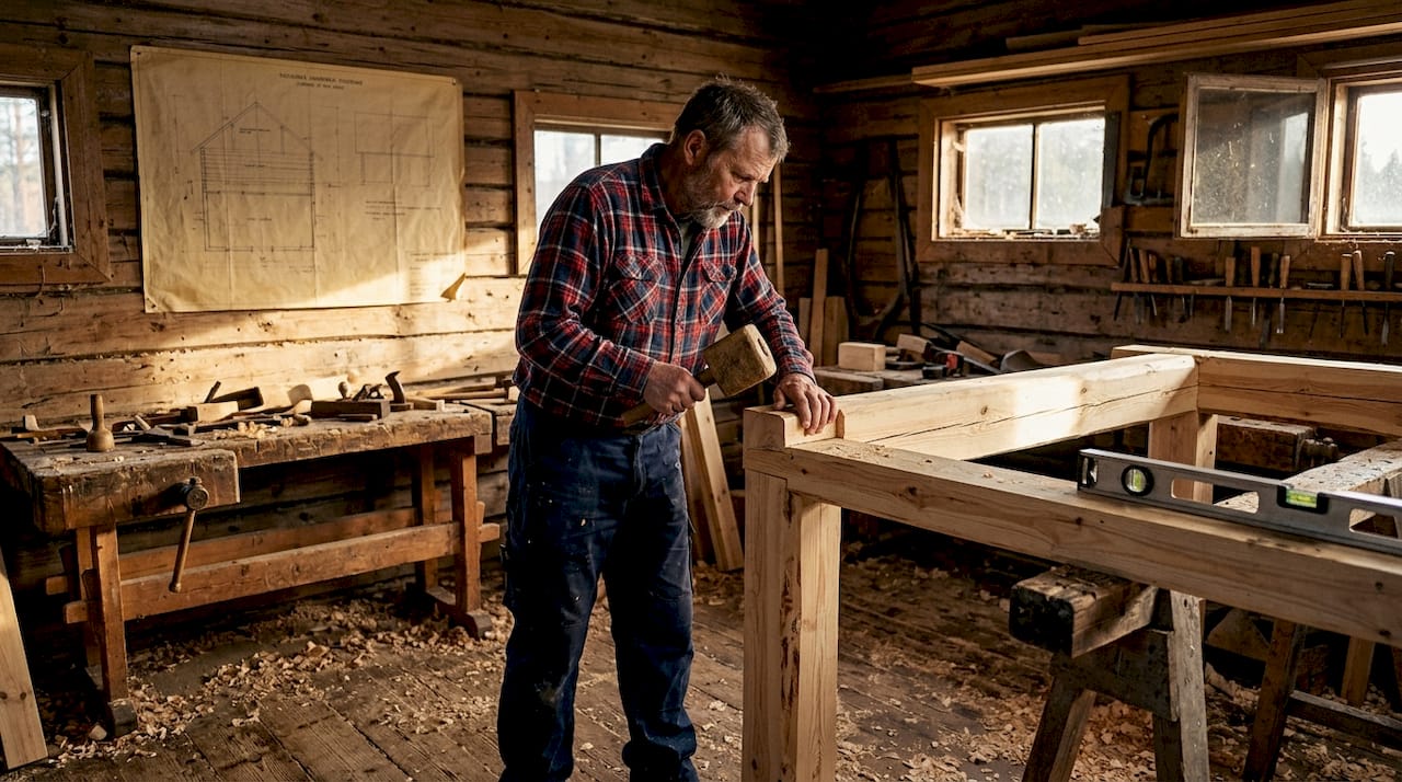 Finnish craftsman fitting timber log joint in workshop