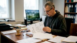 Saksbehandler går gjennom og sorterer dokumentene til søknaden om tømmerhytte.