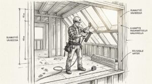 Puurunkotyömaa, jossa rakennusmies työn touhussa