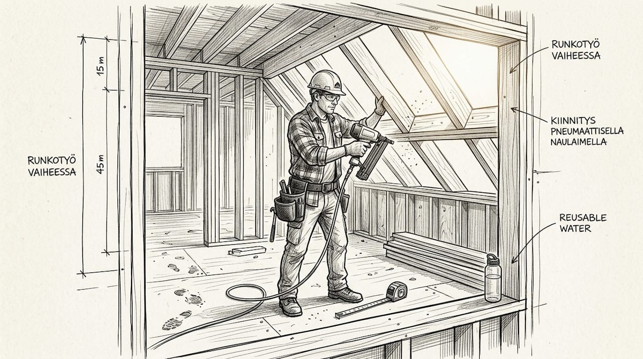 Puurunkotyömaa, jossa rakennusmies työn touhussa