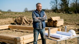 Ein Bauingenieur nimmt die ersten Rohbauten auf der Baustelle genau unter die Lupe.