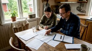 Familjen samlas runt köksbordet för att titta på tomtkartan tillsammans.