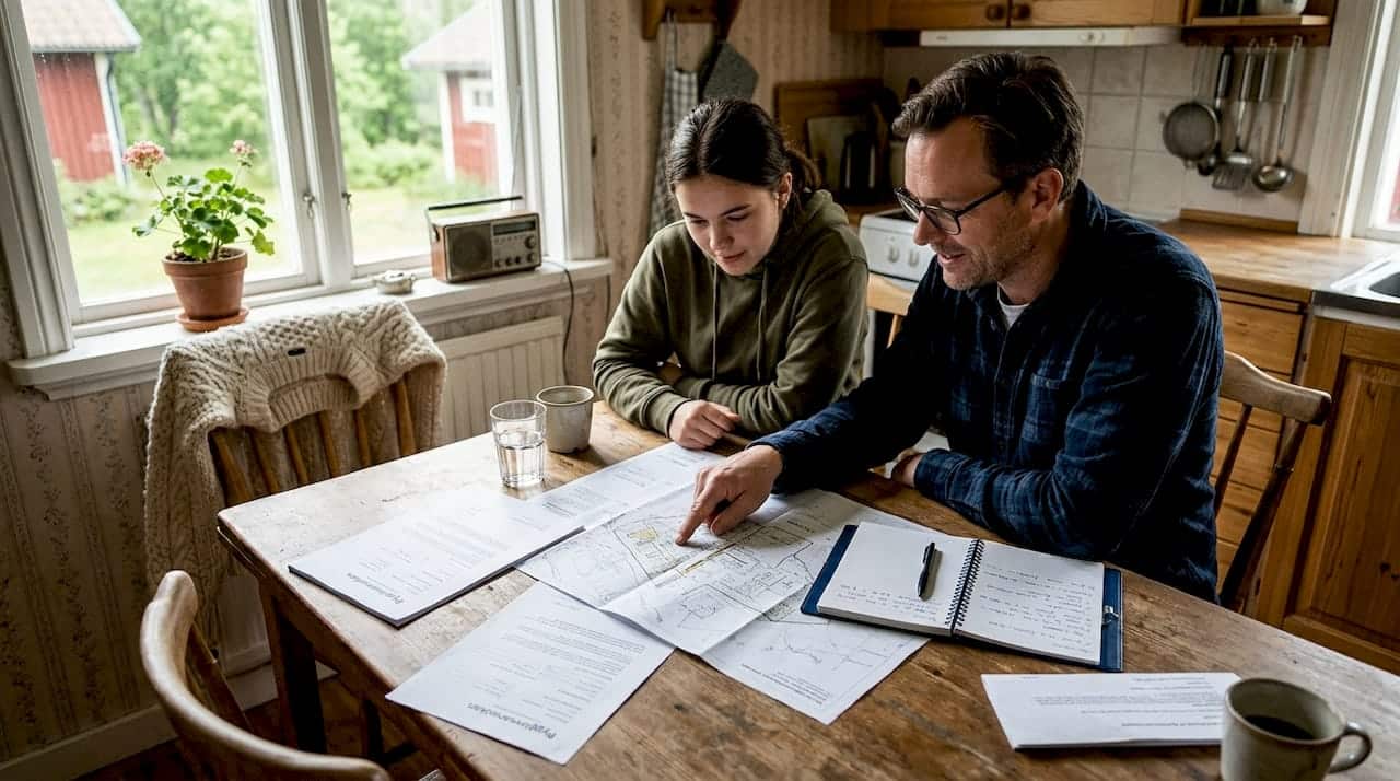 Familjen samlas runt köksbordet för att titta på tomtkartan tillsammans.