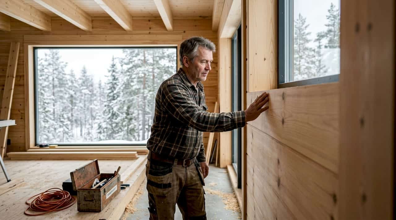En tømrer sjekker kvaliteten på en spesialtilpasset vegg i finsk treverk.