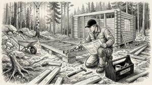 Rakentaja valmistelee hirsimökin perustuksia ulkona