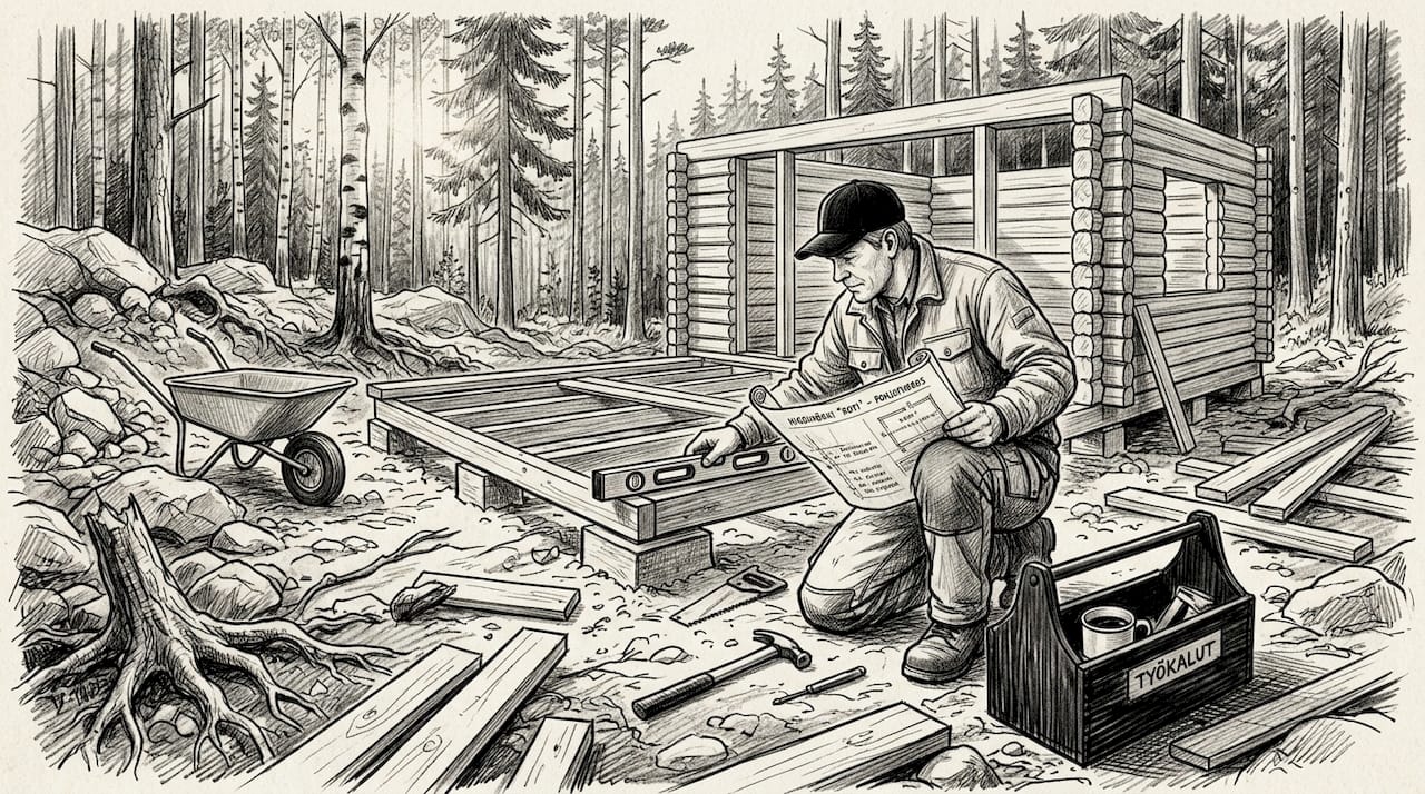 Rakentaja valmistelee hirsimökin perustuksia ulkona