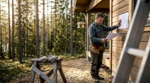 Carpenter at Finnish timber home and forest