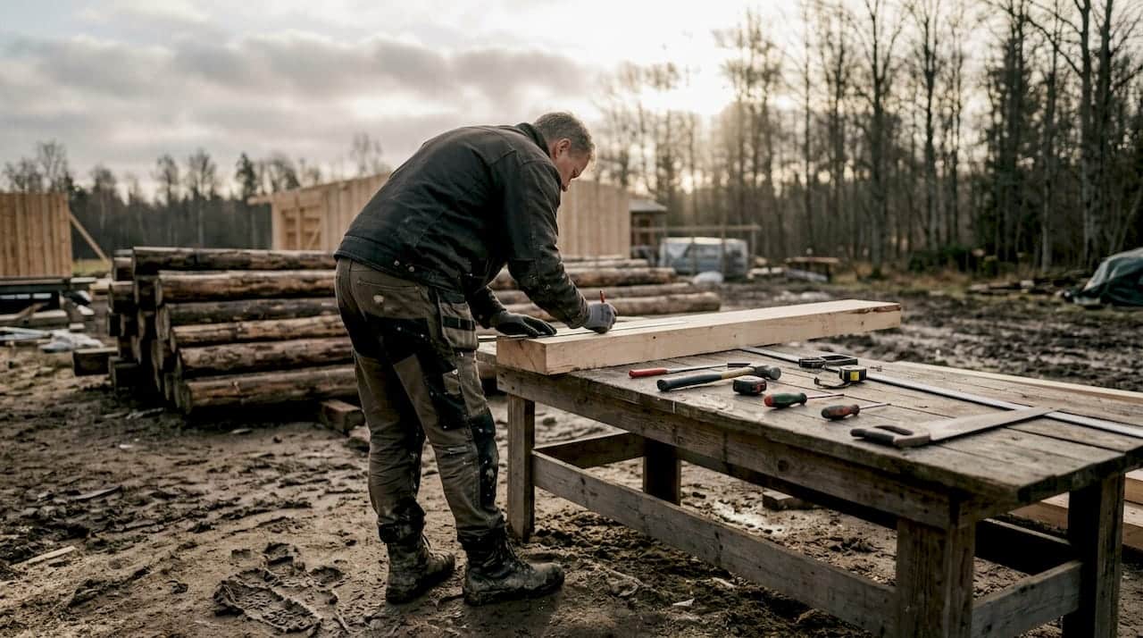 Byggarbetare gör förberedelser inför ett timmerbygge utomhus.