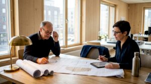 Architekten befassen sich intensiv mit den Bauplänen für ein Holzgebäude.