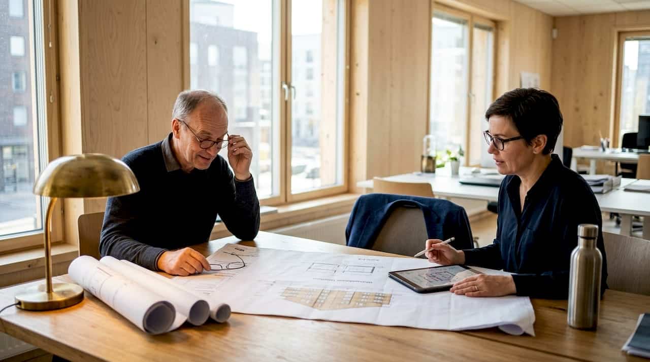 Architekten befassen sich intensiv mit den Bauplänen für ein Holzgebäude.