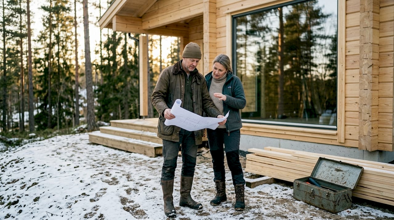 Et par står ute foran sin egen tømmerhytte og planlegger fremtiden sammen.
