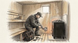 Saunanrakentaja säätää ilmanvaihtoluukkua hirsisaunan seinässä.