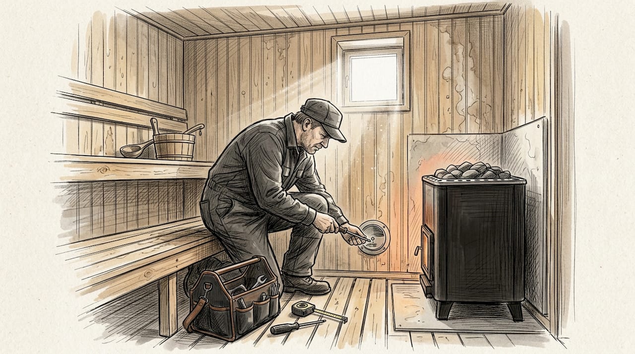 Saunanrakentaja säätää ilmanvaihtoluukkua hirsisaunan seinässä.