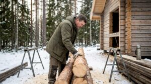 Snekker ser over tømmeret utenfor en finsk hytte