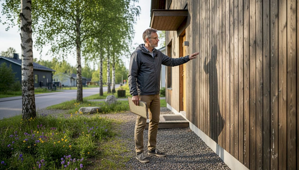 Architect inspecting Finnish timber home exterior