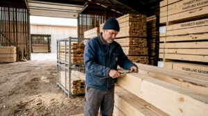 Ein Mitarbeiter im Sägewerk kontrolliert sorgfältig die Qualität der Holzbalken.
