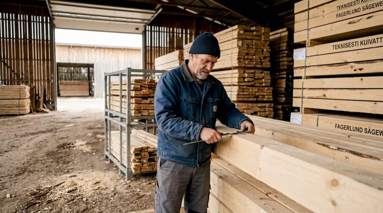 Ein Mitarbeiter im Sägewerk kontrolliert sorgfältig die Qualität der Holzbalken.